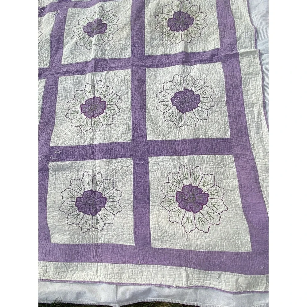 1927 Vintage Quilt Lilac Purple Embroidered Flower Hand Stitched 69